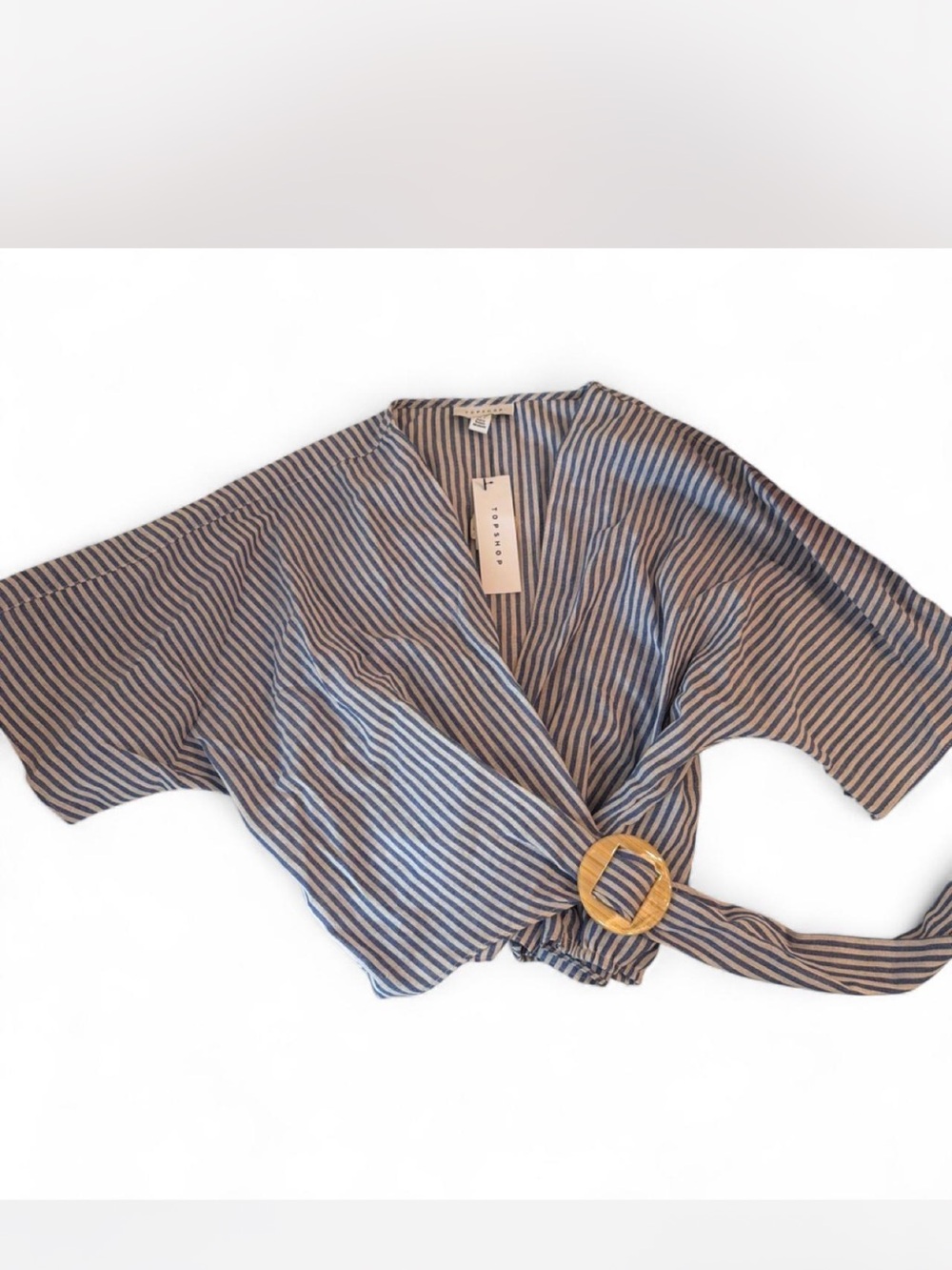 Topshop Blue and Cream Striped Wrap Crop Top with Wood Buckle